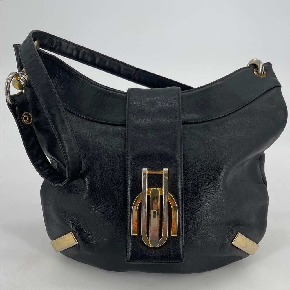 Vintage Susan Gail Black Leather Shoulder Bag with Gold Accents